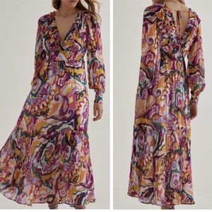 K08. Anthropologie The Odetta Ruffled V-Neck Dress Printed Long Sleeve Maxi
